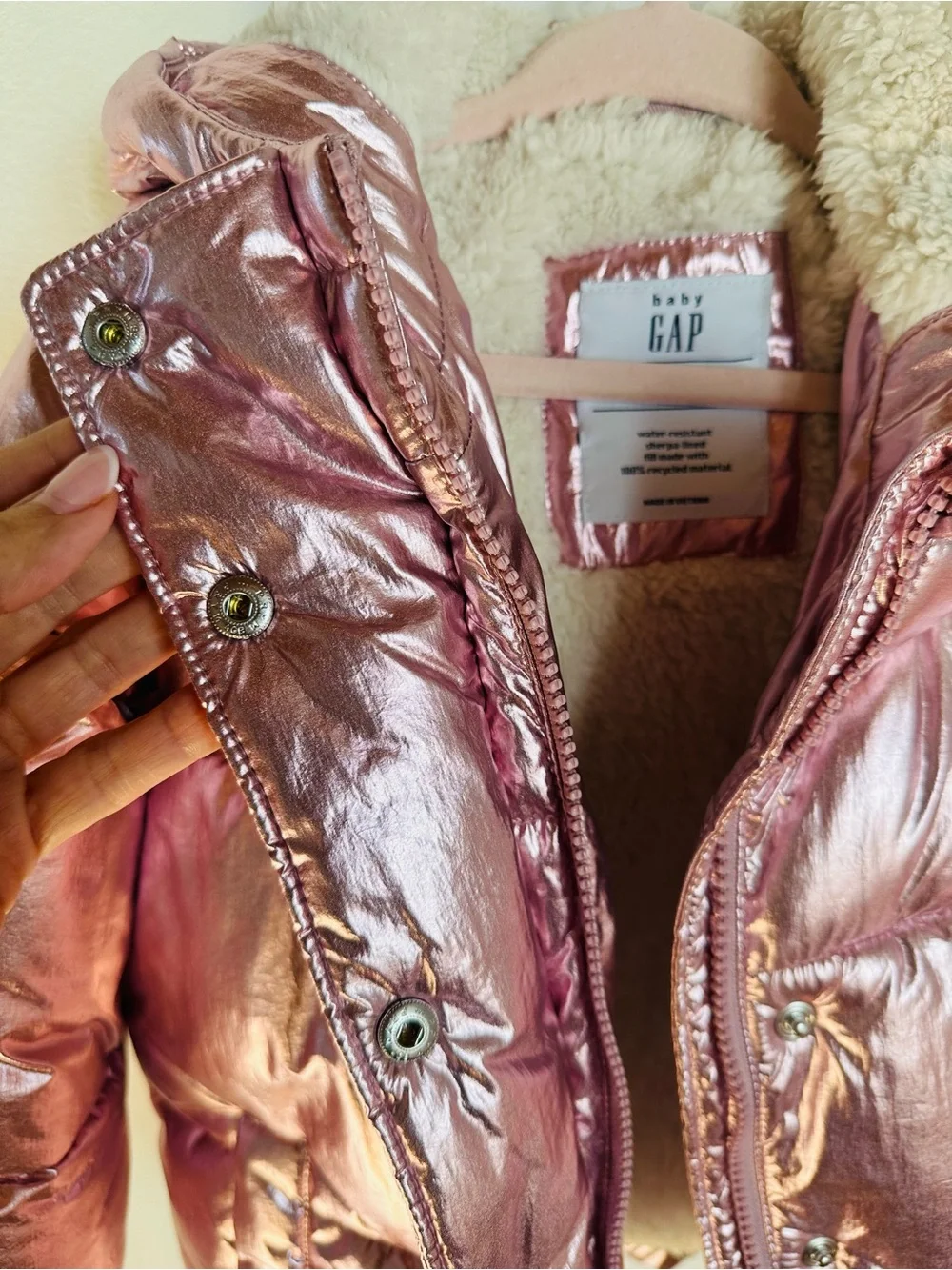 GAP Metallic Rose Puffer Jacket with Sherpa Hood